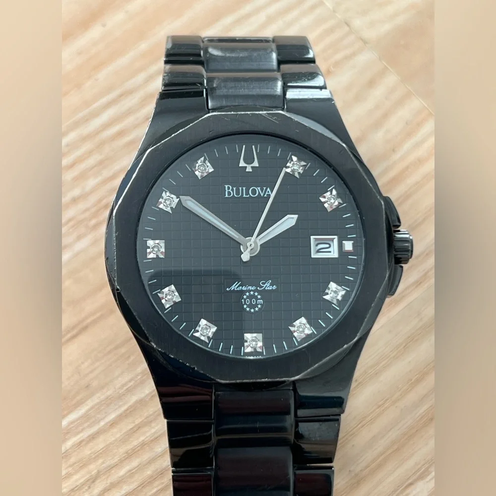 Bulova Marine Star Diamond Men’s Watch Black Dial, Case, Bracelet Date Window
